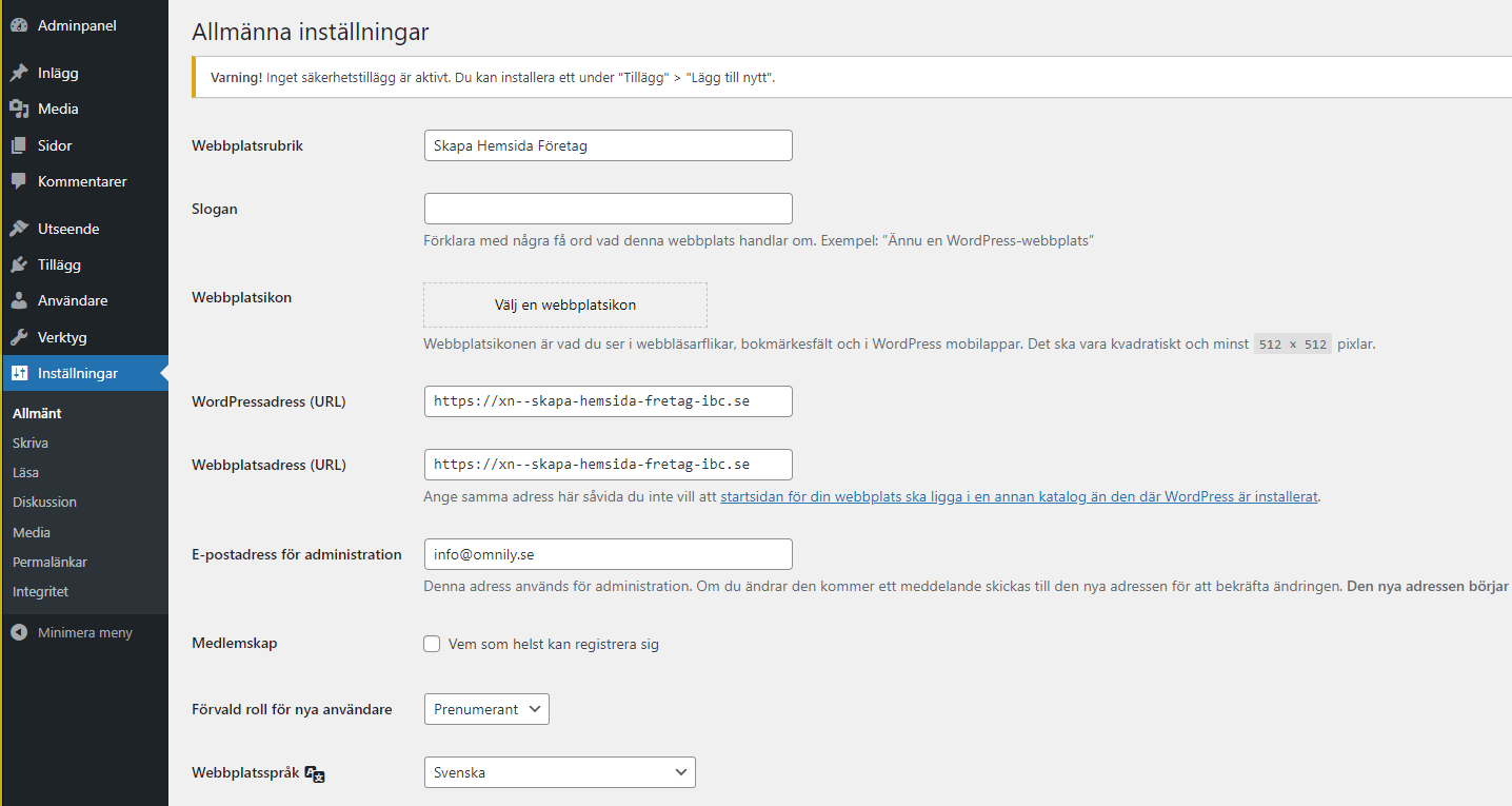 Inställningar WordPress Steg 1