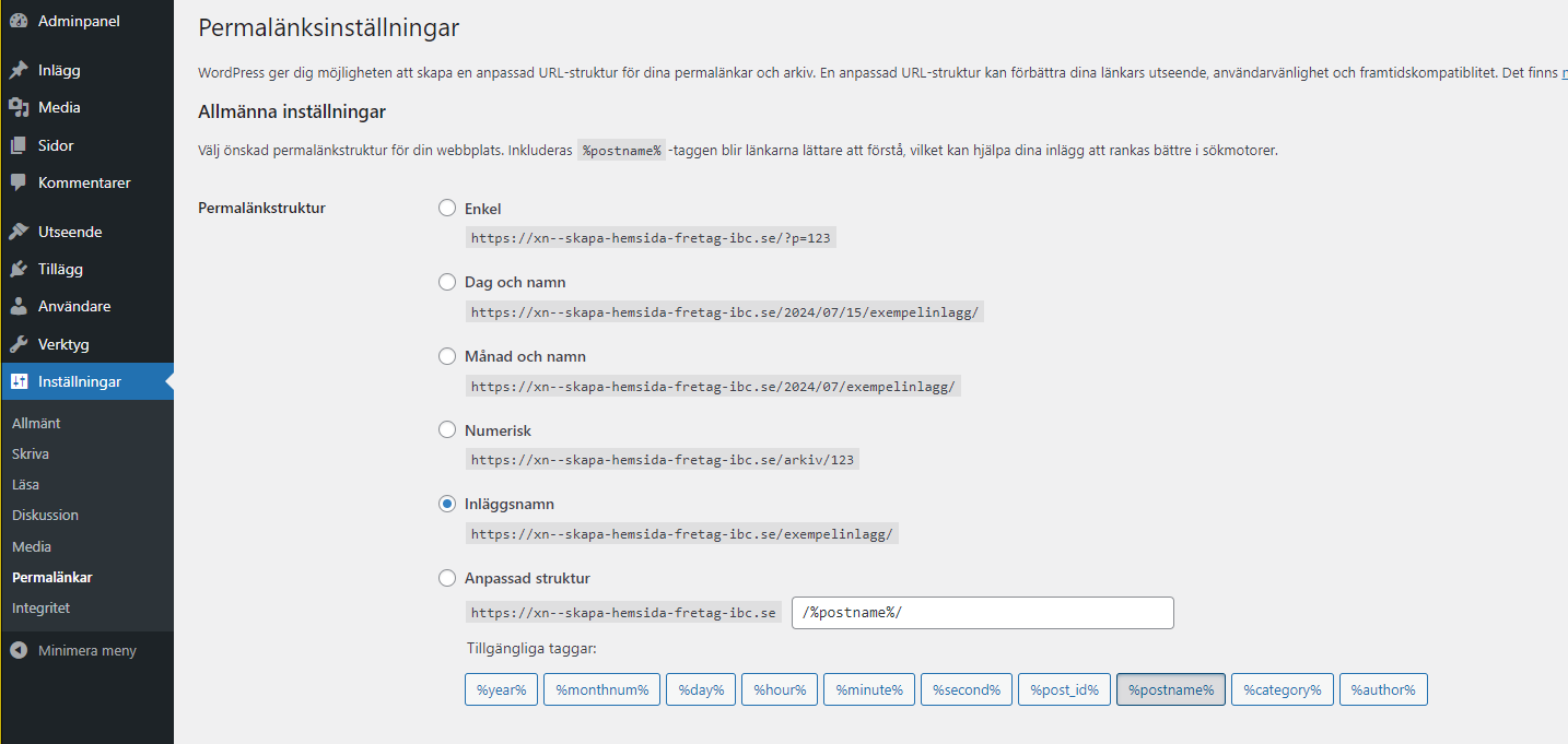 Inställningar WordPress Steg 3